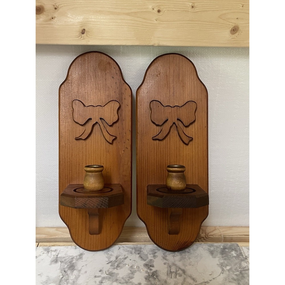 Vintage Bow Wooden Wall Sconce Candle Holder Set Of 2 Cottage Core Decor